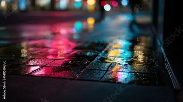 Obraz Wet pavement reflecting city lights at night