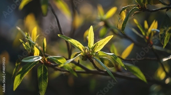 Obraz Sunlight filtering through fresh green leaves on branch