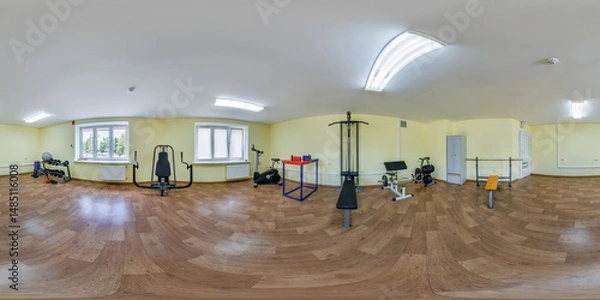 Fototapeta hdri 360 panorama in interior gym with exercise machines in spherical equirectangular projection.