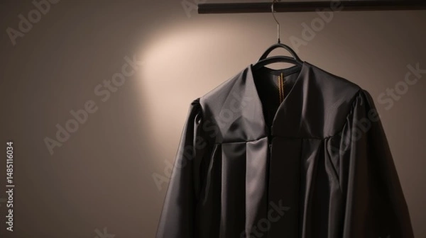 Obraz Graduation gown hanging on a hanger, illuminated by a spotlight, symbolizing achievement