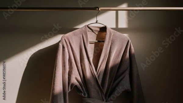 Obraz Soft pink robe hanging on a rack in sunlight, minimalist fashion photography