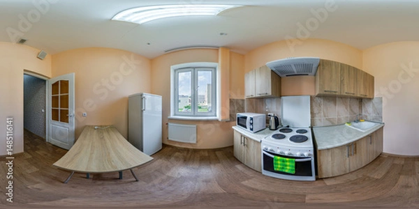 Fototapeta full seamless spherical hdri panorama 360 degrees angle view in interior of cheap kitchen in modern flat apartments in equirectangular projection, VR content
