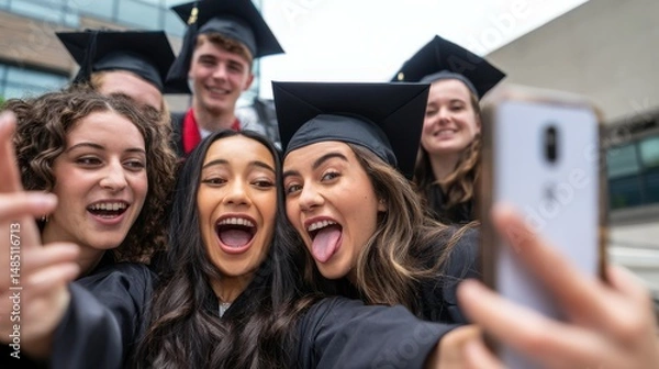 Obraz Happy students taking a selfie after graduation ceremony