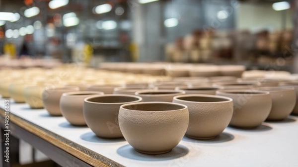 Obraz Many ceramic bowls drying on table in pottery workshop