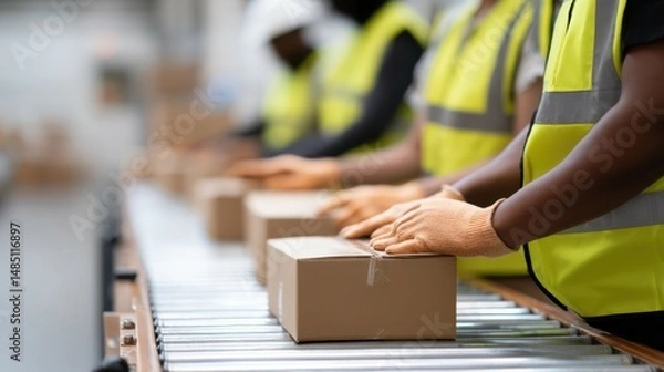 Obraz Warehouse workers packing products along an assembly line