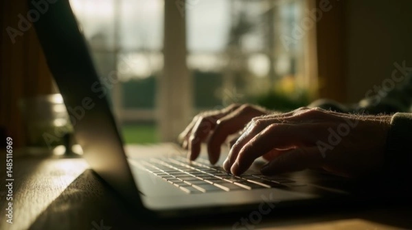 Obraz Senior man working from home is typing on a laptop keyboard in sunlight