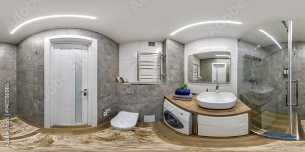 Fototapeta seamless 360 hdri panorama in interior of toilet with shower cabin and wall mount attachment in elite bathroom in equirectangular projection. VR AR content