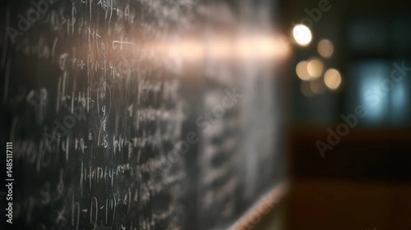 Obraz Complex mathematical formulas covering a chalkboard in a classroom setting