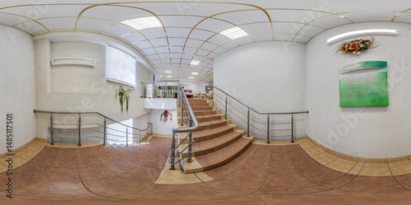 Fototapeta hdri 360 panorama view in empty modern hall with staircase and doors in full equirectangular spherical projection,may use as environment map in VR