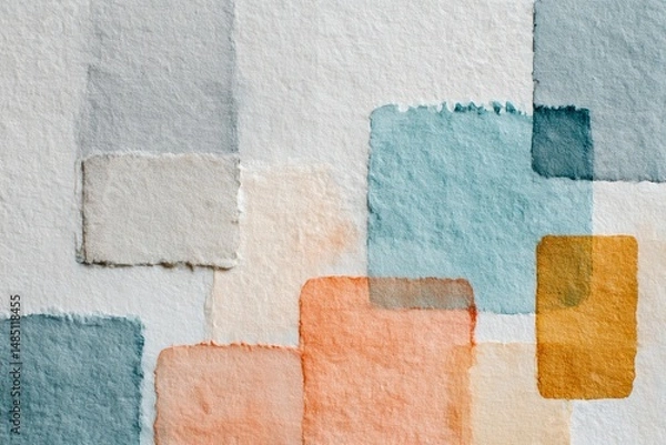 Obraz Soft watercolor art in light gray, sky blue, and peach with abstract geometric shapes. Perfect for minimalist designs, modern decor, and creative projects. Elegant and soothing