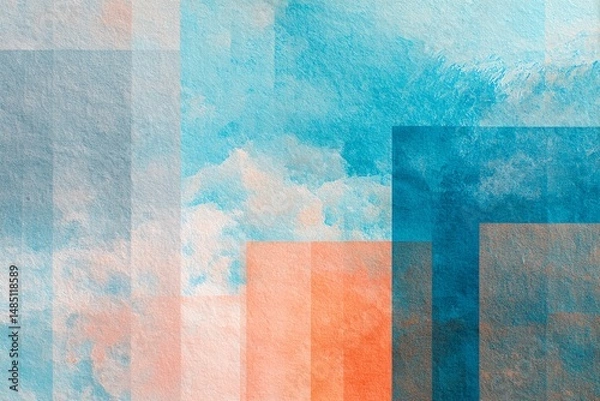 Obraz Soft watercolor art in light gray, sky blue, and peach with abstract geometric shapes. Perfect for minimalist designs, modern decor, and creative projects. Elegant and soothing