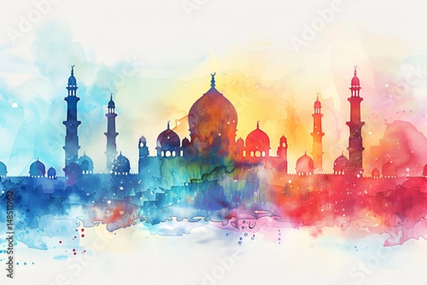 Obraz Eid al-Adha Islamic Mubarak watercolor festive background with crescent moon lantern and decorative patterns for holy celebration