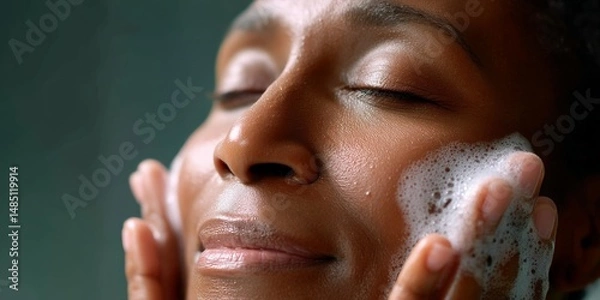 Obraz African female cleansing face with gentle foam for skincare routine