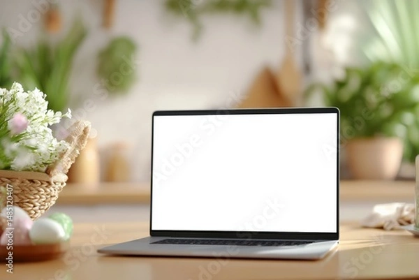 Obraz Open laptop on wooden table in bright cozy kitchen with spring flowers and eggs