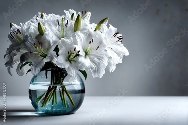 Obraz Elegant white lilies in a glass vase against a pure white background. Perfect for minimalist, wedding, or decor themes. High-quality floral still life with clean, bright aesthetics