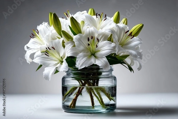 Obraz Elegant white lilies in a glass vase against a pure white background. Perfect for minimalist, wedding, or decor themes. High-quality floral still life with clean, bright aesthetics
