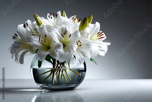 Obraz Elegant white lilies in a glass vase against a pure white background. Perfect for minimalist, wedding, or decor themes. High-quality floral still life with clean, bright aesthetics