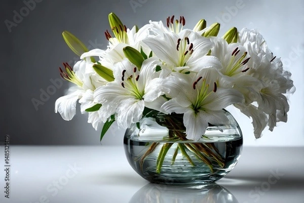 Obraz Elegant white lilies in a glass vase against a pure white background. Perfect for minimalist, wedding, or decor themes. High-quality floral still life with clean, bright aesthetics