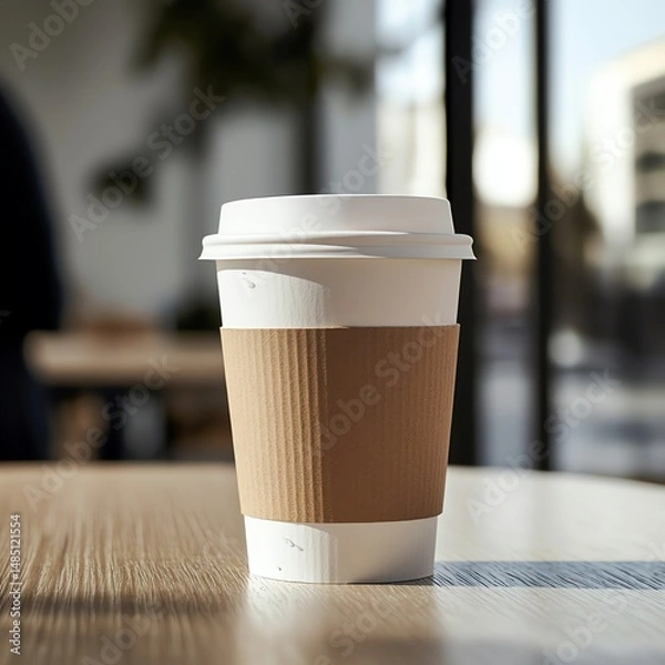 Obraz A photorealistic white coffee cup with a brown sleeve on a wooden cafe table, bathed in soft morning light. Shallow depth of field highlights condensation droplets and a softly blurred cafe backdrop.
