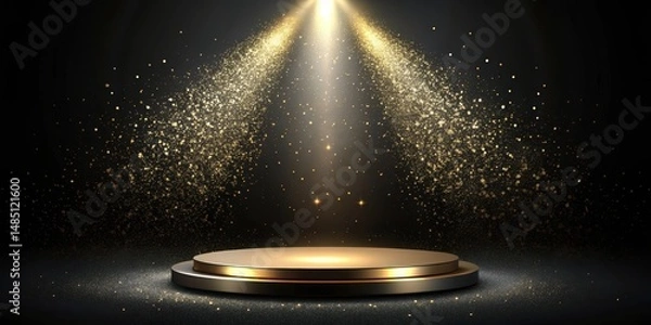 Fototapeta A black round podium stands center stage on a black background with golden glitter scattered around it, illuminated by a spotlight shining down from above , stage, elegant