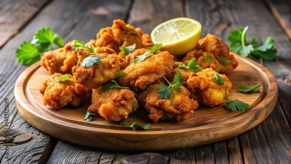 Fototapeta Crispy fried chicken pakora on a wooden plate, garnished with fresh cilantro and lemon wedges , indian food