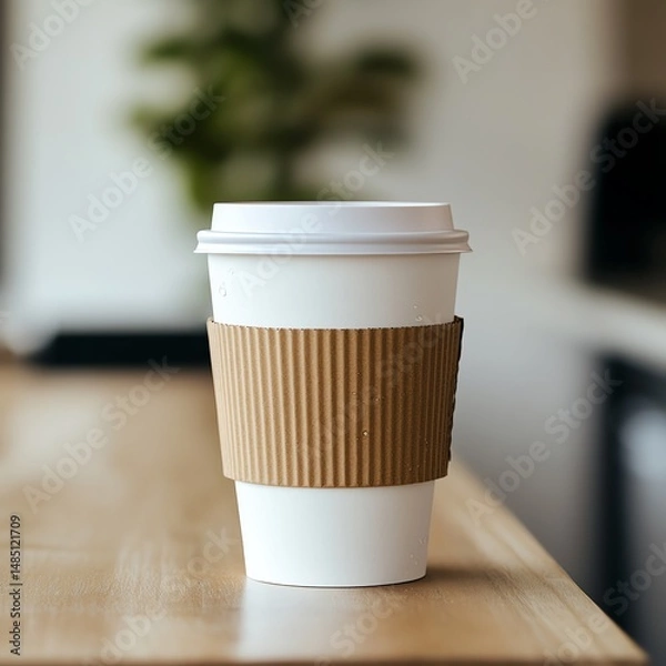 Obraz A photorealistic white coffee cup with a brown sleeve on a wooden cafe table, bathed in soft morning light. Shallow depth of field highlights condensation droplets and a softly blurred cafe backdrop.