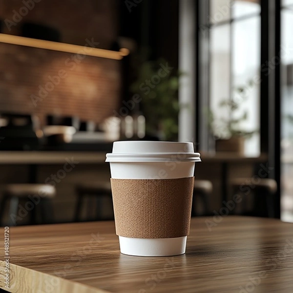 Obraz A photorealistic white coffee cup with a brown sleeve on a wooden cafe table, bathed in soft morning light. Shallow depth of field highlights condensation droplets and a softly blurred cafe backdrop.