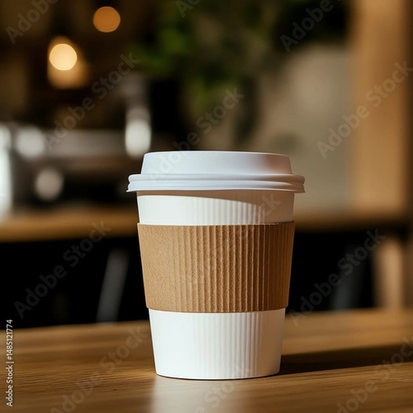 Obraz A photorealistic white coffee cup with a brown sleeve on a wooden cafe table, bathed in soft morning light. Shallow depth of field highlights condensation droplets and a softly blurred cafe backdrop.