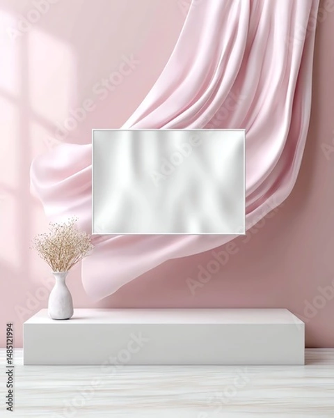 Obraz A minimalist white rectangular text box floats elegantly above a soft pastel pink background, featuring delicate shadows for a clean, modern, and stylish composition