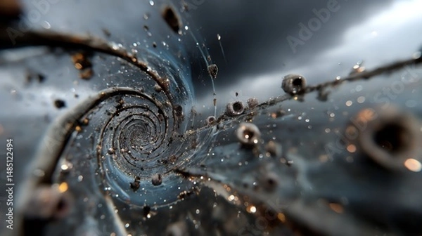 Obraz A surreal, cinematic scene of dissolving mirror fragments flowing as light. Reverse spiral motion, celestial tones, and spectral gradients evoke sacred release—abstract elegance in infinite continuity