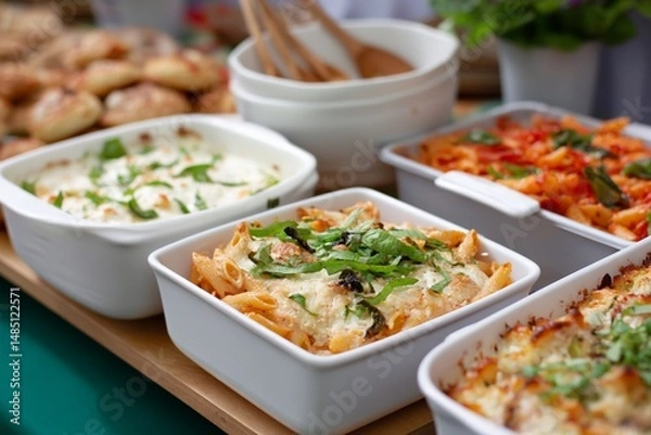Obraz Assorted pasta dishes with cheesy baked ziti and creamy sauces in white bowls