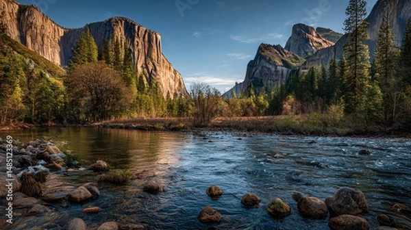 Obraz Stunning Yosemite Valley with El Capitan, a crystal-clear river, and pine trees bathed in golden hour glow. 8K ultra HD nature landscape for breathtaking visuals.