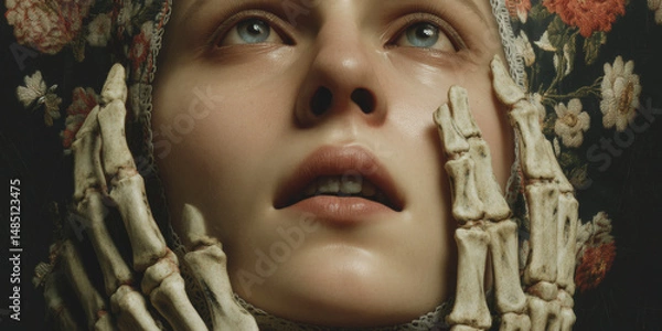 Fototapeta Retrato femenino artístico, expresivo, con texturas escultóricas en el rostro, ideal para belleza emotiva, moda editorial o arte contemporáneo.