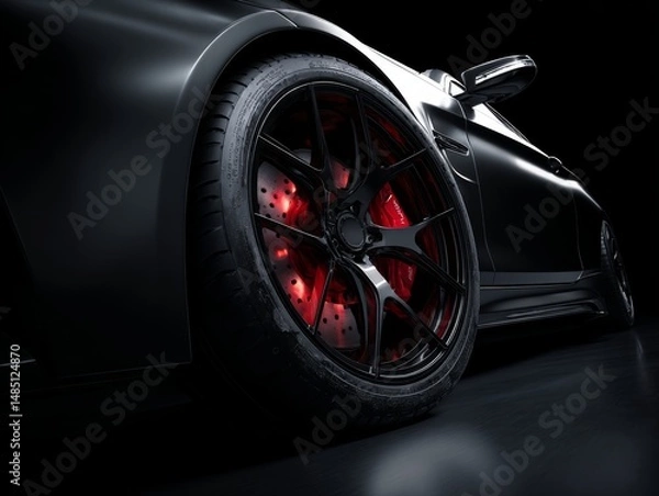 Fototapeta Macro shot of diamond-cut alloy wheels, sunlight glinting off the intricate machining patterns and valve stem details