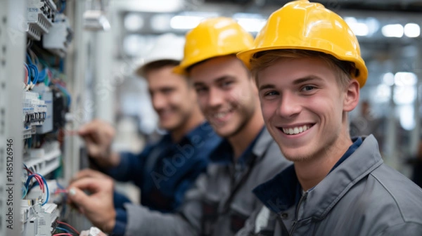 Fototapeta Group of apprentice electricians testing connections on a wiring panel, cheerful expressions reflecting teamwork and curiosity