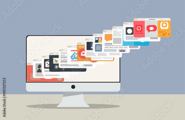 Obraz A stream of opening windows from a computer monitor. Many browser tabs are open. Vector illustration