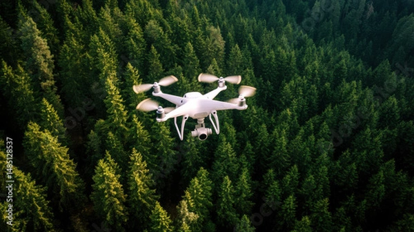 Fototapeta A sleek white drone flies high over a dense green forest, capturing stunning aerial views of nature.