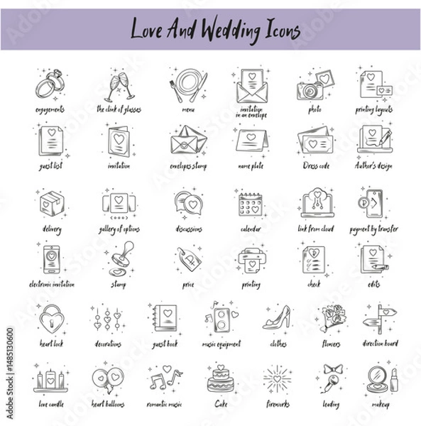 Fototapeta Set of whimsical hand-drawn wedding ceremony food and drink illustartion in trendy vintage style. Perfect for quirky wedding holiday, dinner and bar menu, bachelorette party, birthday invitation, sign