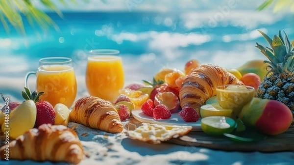 Obraz Tropical beachside breakfast spread with fresh fruit croissants and refreshing orange juice