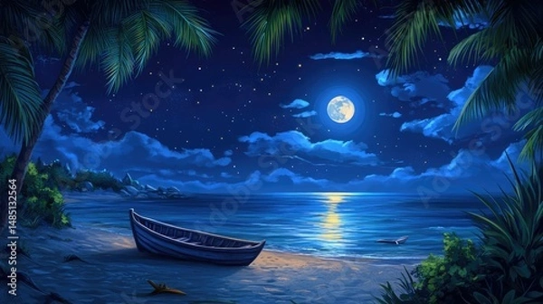 Obraz Tropical night scene depicting a boat on the shore under a full moon and starry sky