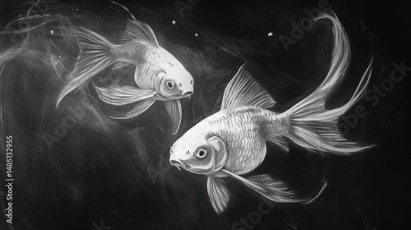 Obraz Two elegant white goldfish swimming in the dark depths depicting tranquility and grace