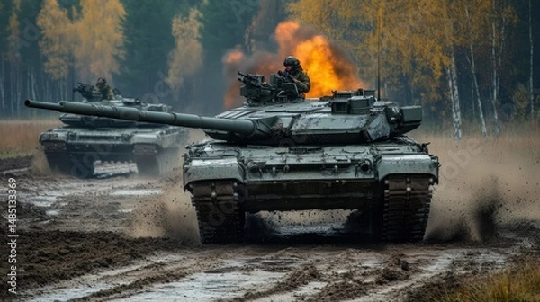 Obraz Two military tanks driving through muddy terrain during exercises in a forest setting