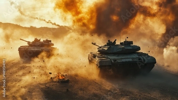 Obraz Two military tanks moving through the desert with explosions and smoke during battle