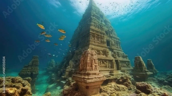 Obraz Underwater ancient temple with schools of fish swimming in a deep blue ocean