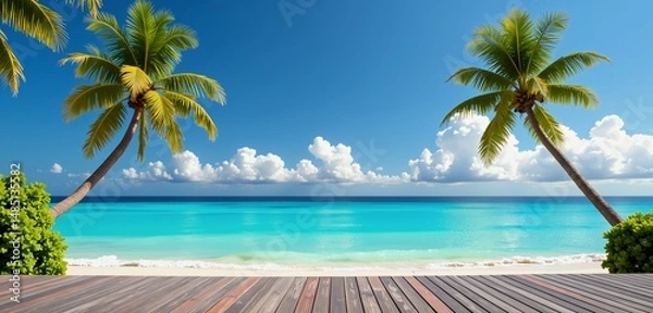 Fototapeta Travel, Beautiful Beach, and Tropical Island Concept. Digital Illustration composed with mixed media source elements. Photo, illustration, 3D Rendering and  generative AI. 