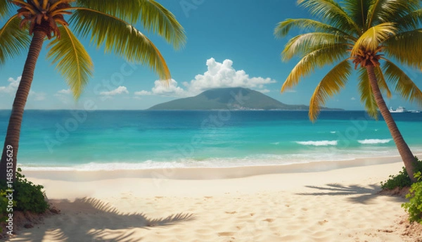 Fototapeta Travel, Beautiful Beach, and Tropical Island Concept. Digital Illustration composed with mixed media source elements. Photo, illustration, 3D Rendering and  generative AI. 