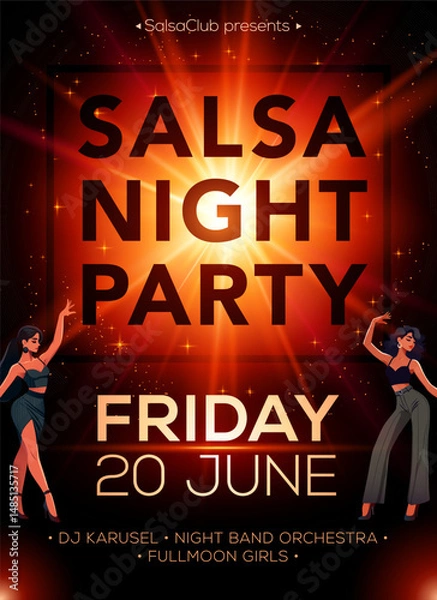 Fototapeta Vector Salsa Party Poster with Bright Orange Spotlight, Dancing Girls and Bold Black Typography on Dark Background