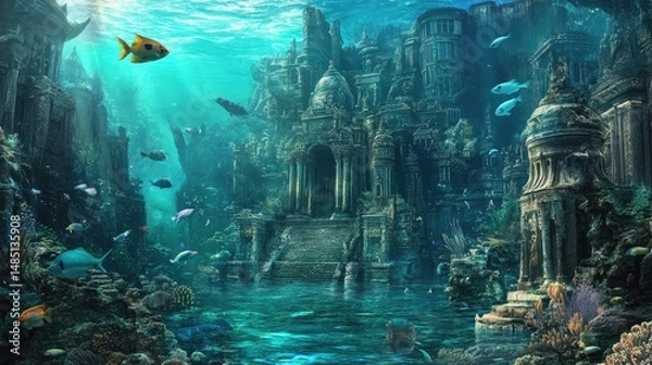 Obraz Underwater ruins of an ancient city with fish and architectural wonders beneath the ocean