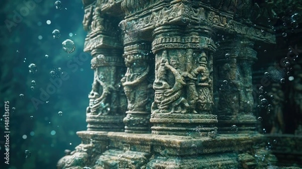 Obraz Underwater ruins of an ancient temple showing ornate stone carvings and bubbles