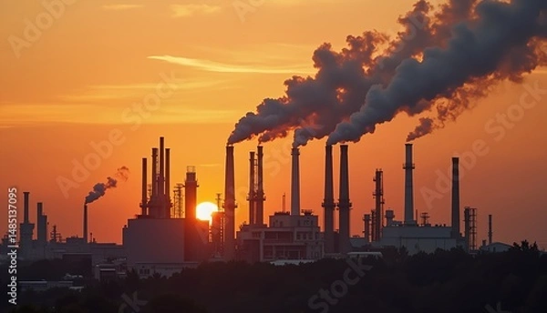 Fototapeta Industrial Pollution and Global Warming Image Concepts. Digital Illustration composed with mixed media source elements. Photo, illustration, 3D Rendering and  generative AI. 